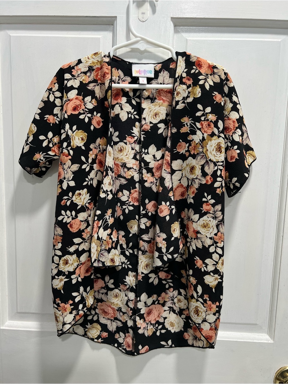 Lularoe Bianka Floral Black Pink Cream Open Front Kimono SIZE 1 (2T-4) Pre Loved